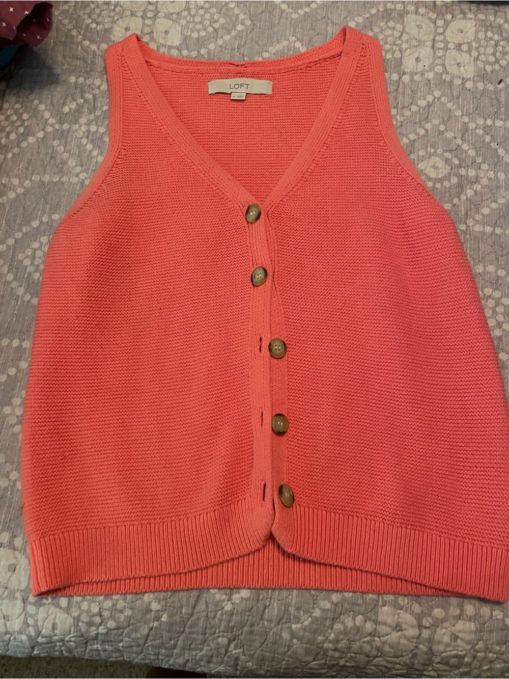 LOFT Coral-Pink Knit Button-Front Sleeveless Cardigan Vest
